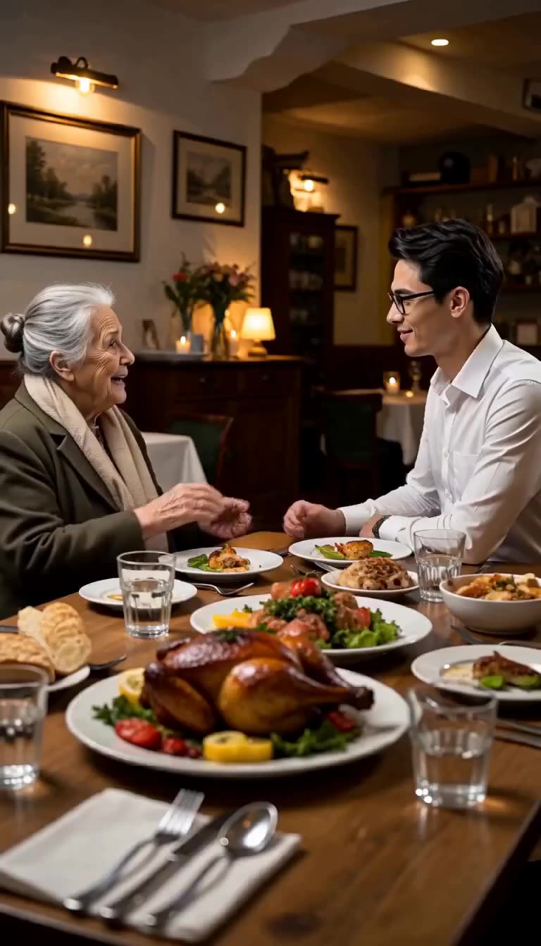 The young man and the elderly woman sit across from each other enjoying an elaborate dinner at a warm restaurant.