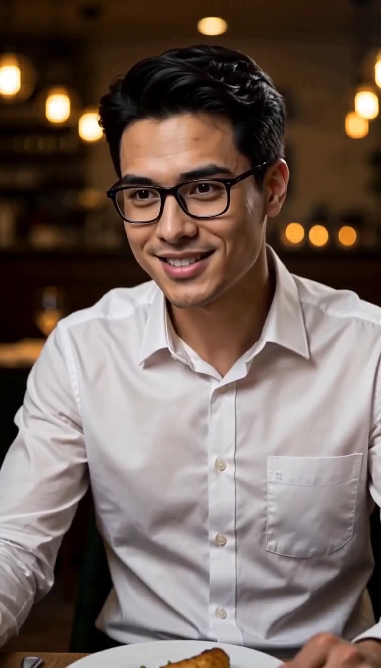 Close-up of the young man smiling warmly while listening across the dinner table.