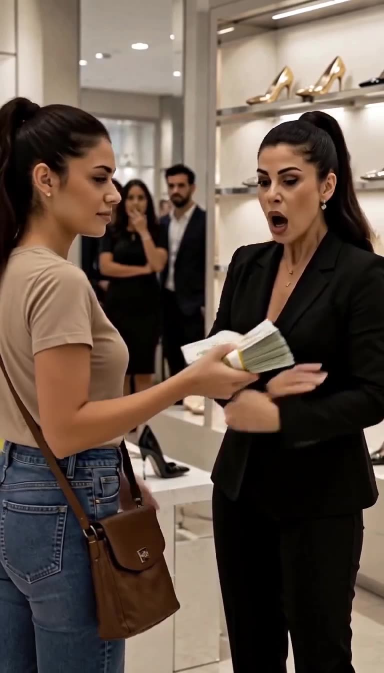 The salesclerk recoils in utter astonishment as the customer produces a massive stack of banded cash.
