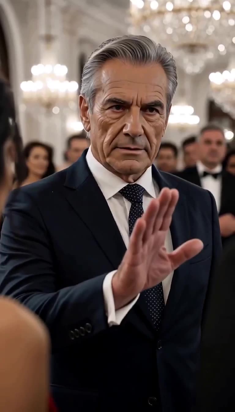 The doctor raises his hand in a stern halting gesture to expose the woman's fabricated story.