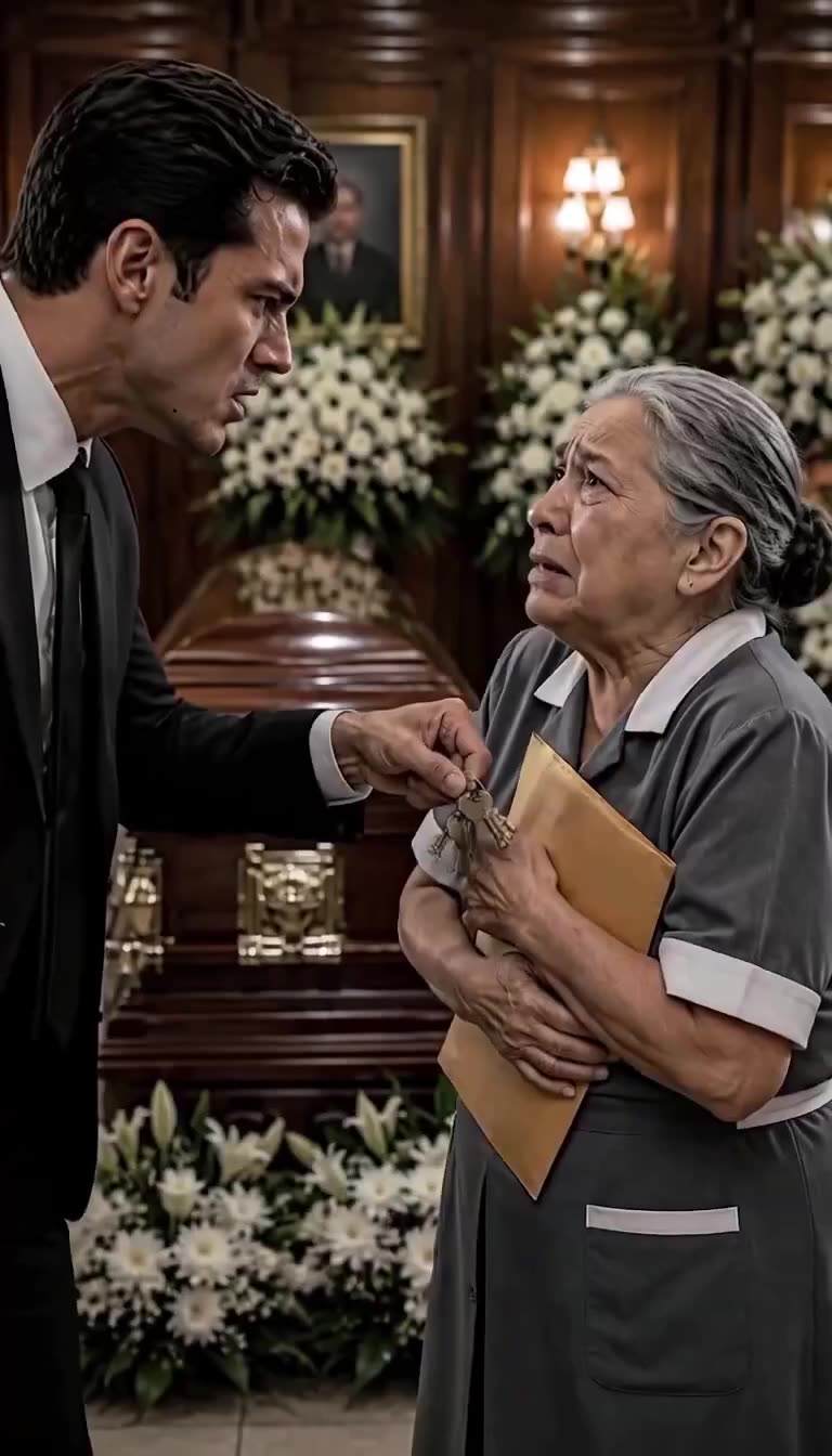 The son attempts to snatch brass keys and a sealed envelope from the housekeeper's hands.