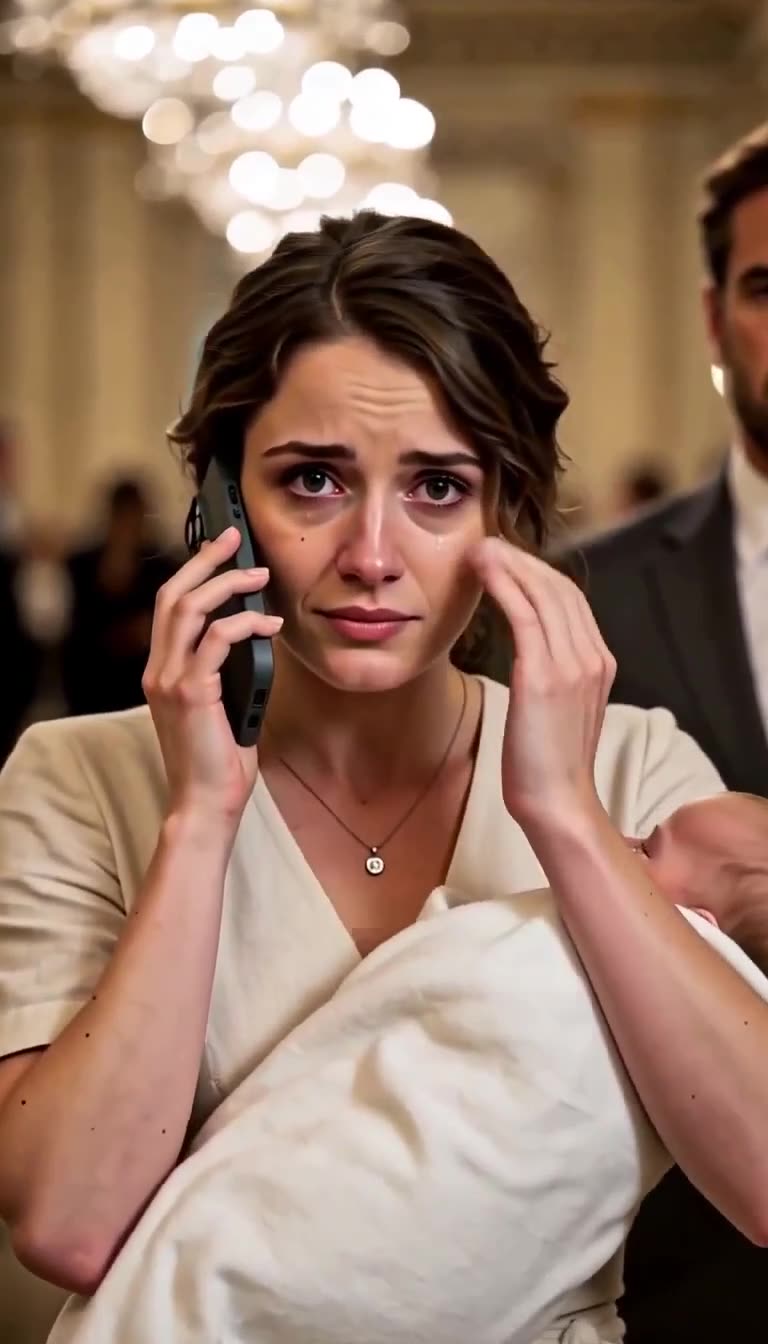 Camille essuie ses larmes en silence au téléphone au cœur du luxueux hall de réception