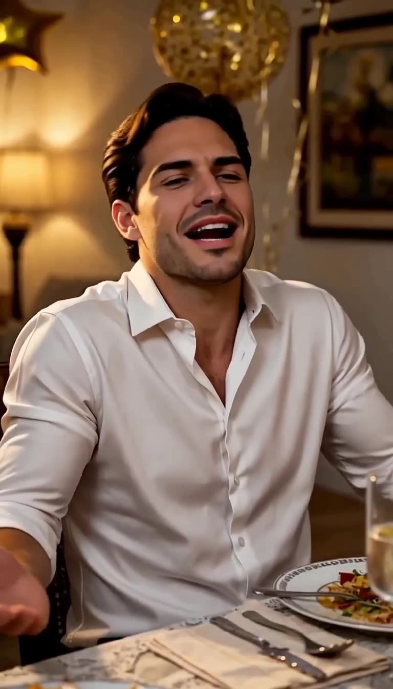 A man laughing carelessly and enjoying conversation at an elegant family dinner