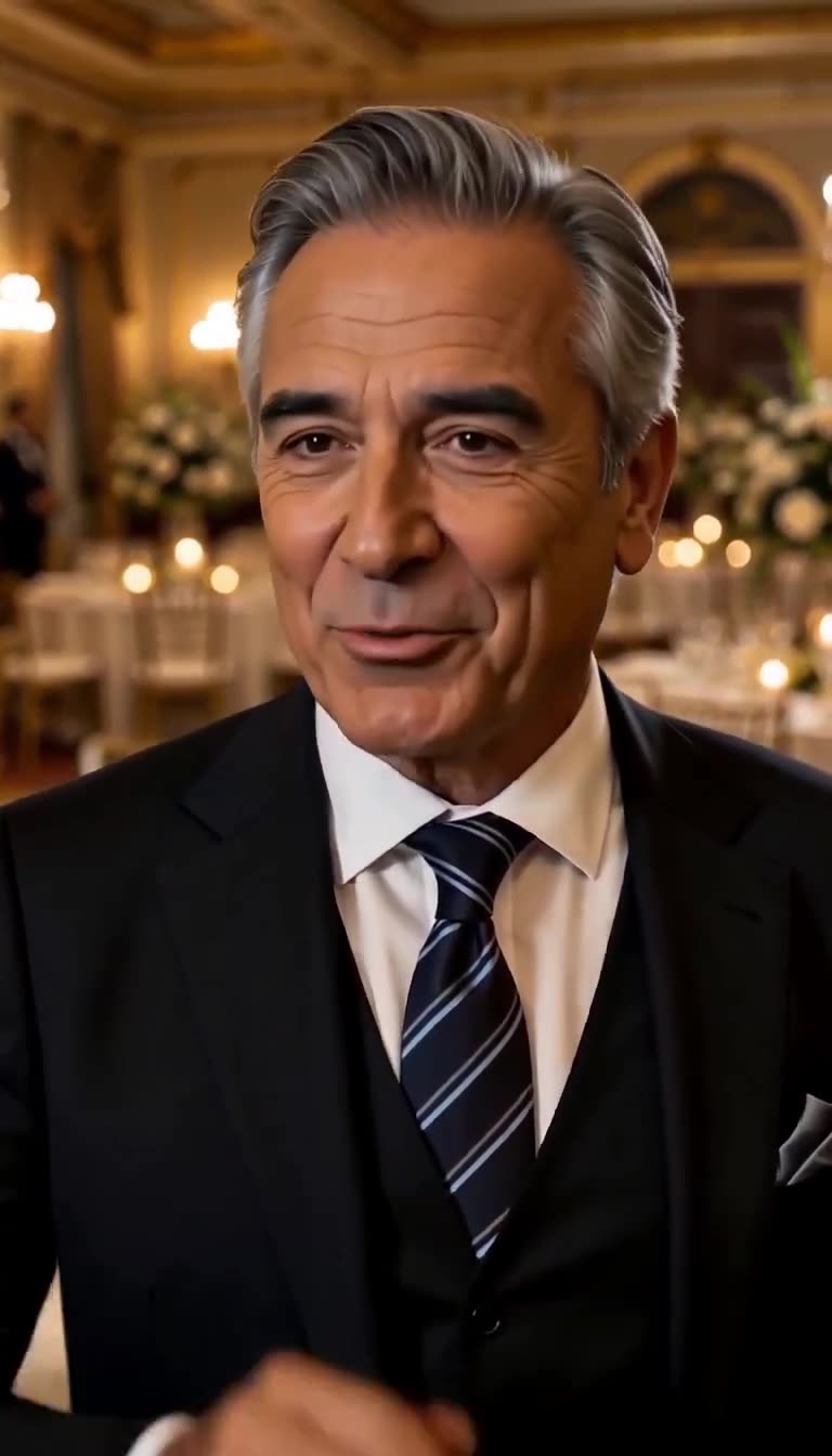 A close-up of the silver-haired gentleman speaking intently during an upscale formal dinner.