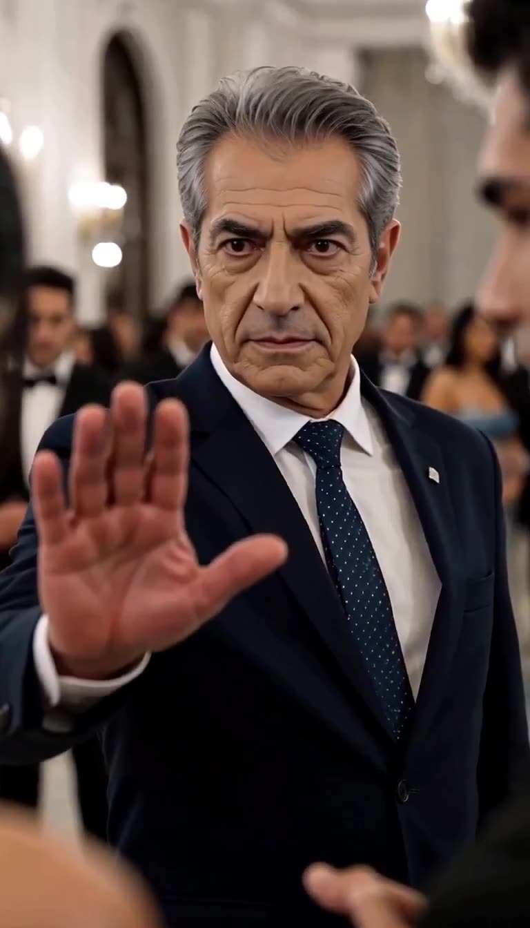 A stern gentleman in a navy suit raises his open hand to abruptly halt an ongoing conversation.