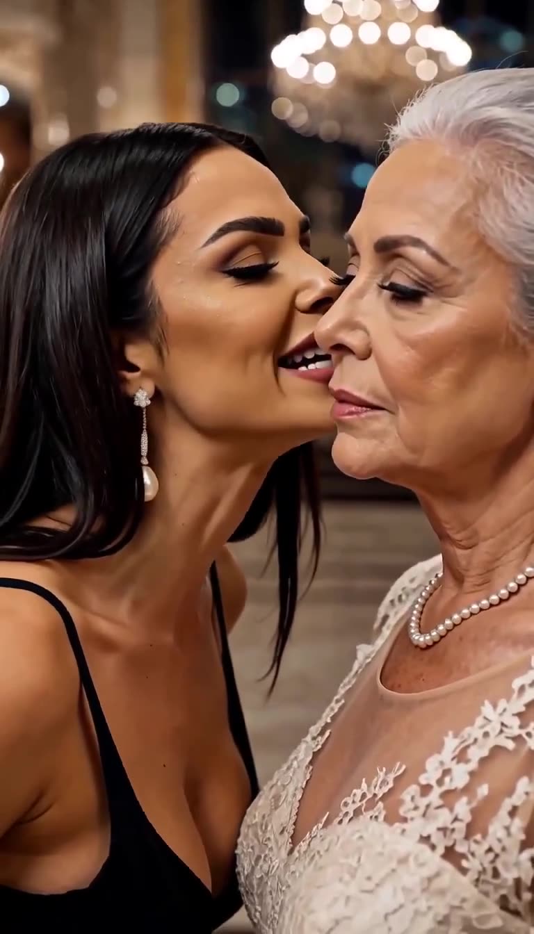The younger woman leans in close to whisper a taunting confession into the older woman's ear.
