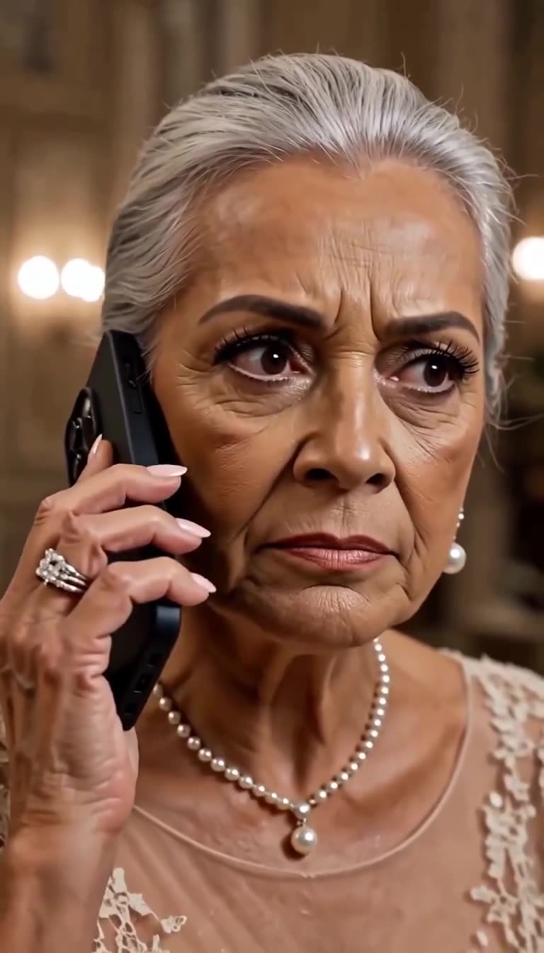 The older woman holds a smartphone to her ear with a stern, triumphant expression.