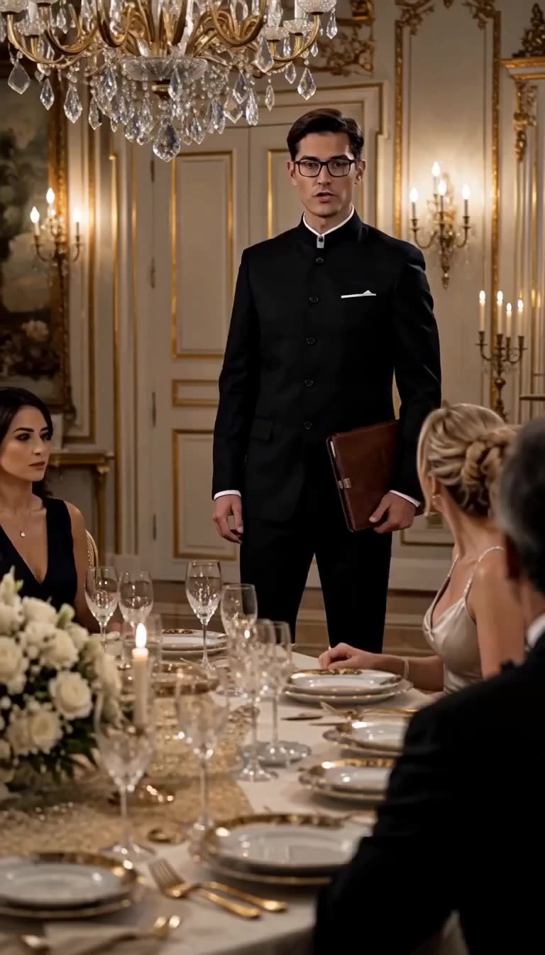 A composed butler in a black uniform stands with a leather portfolio before wealthy dinner guests.