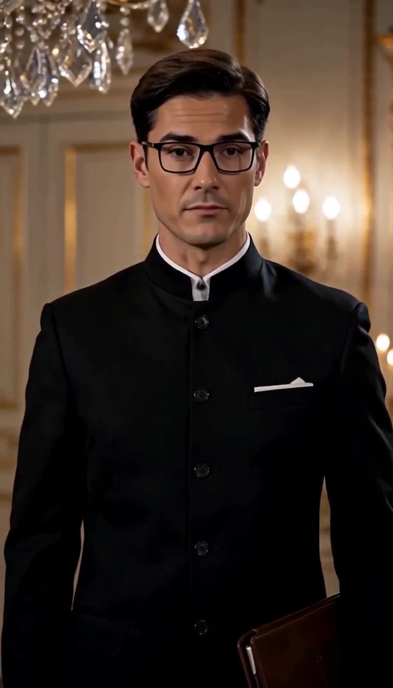 Close-up of the stern, bespectacled aide who holds the key to the family's financial salvation.