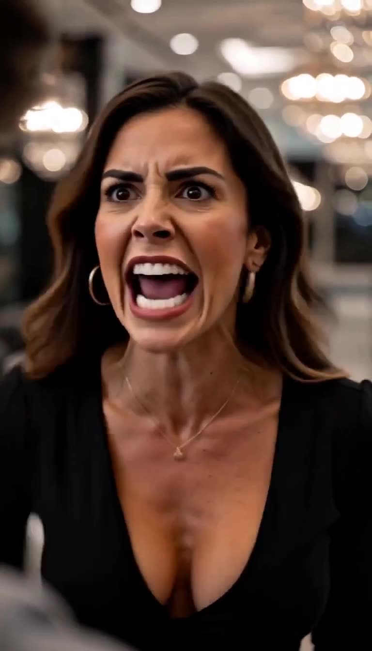 Furious woman in a black evening dress shouting aggressively