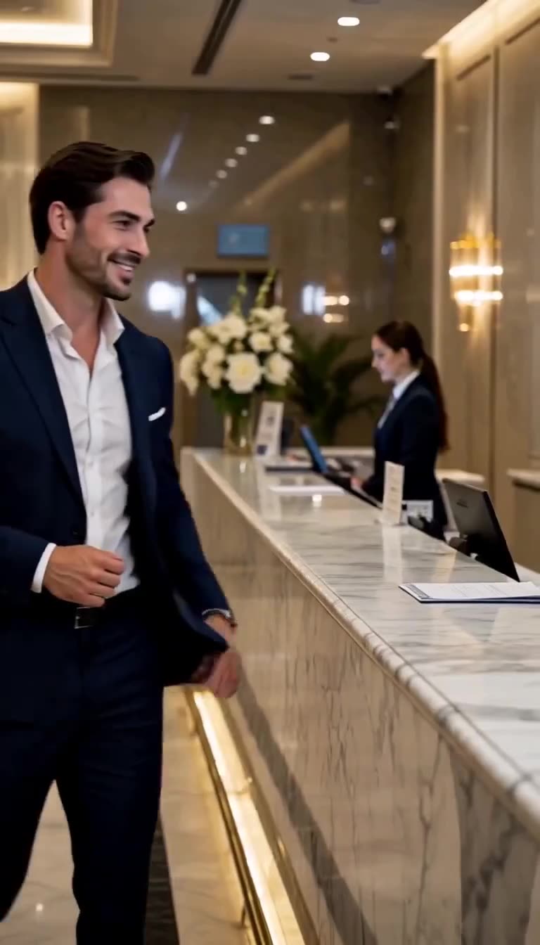 A handsome businessman in a navy suit walks confidently toward a luxury hotel reception desk