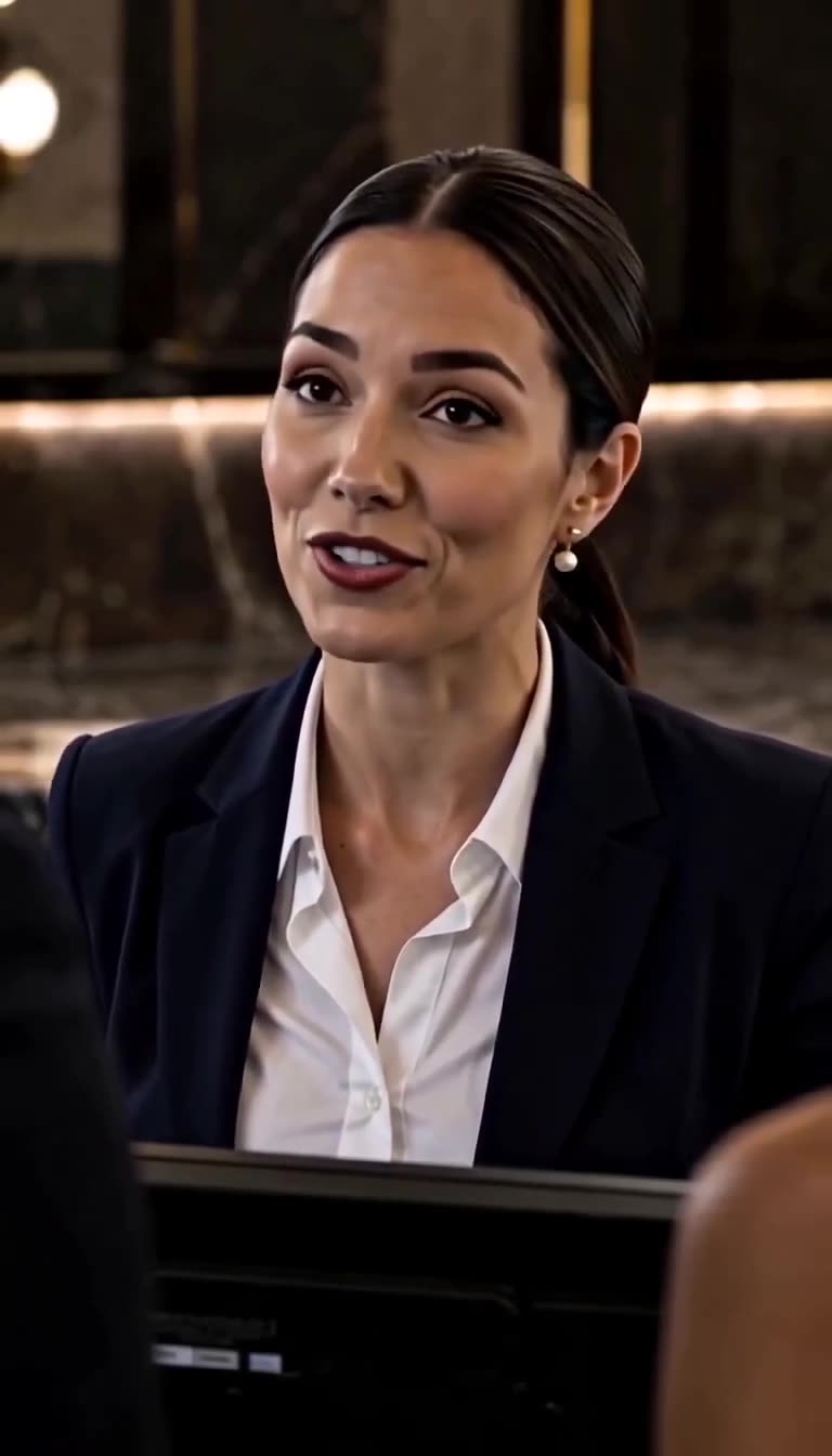 A sharp, poised hotel receptionist in a dark blazer stares intently across the marble counter