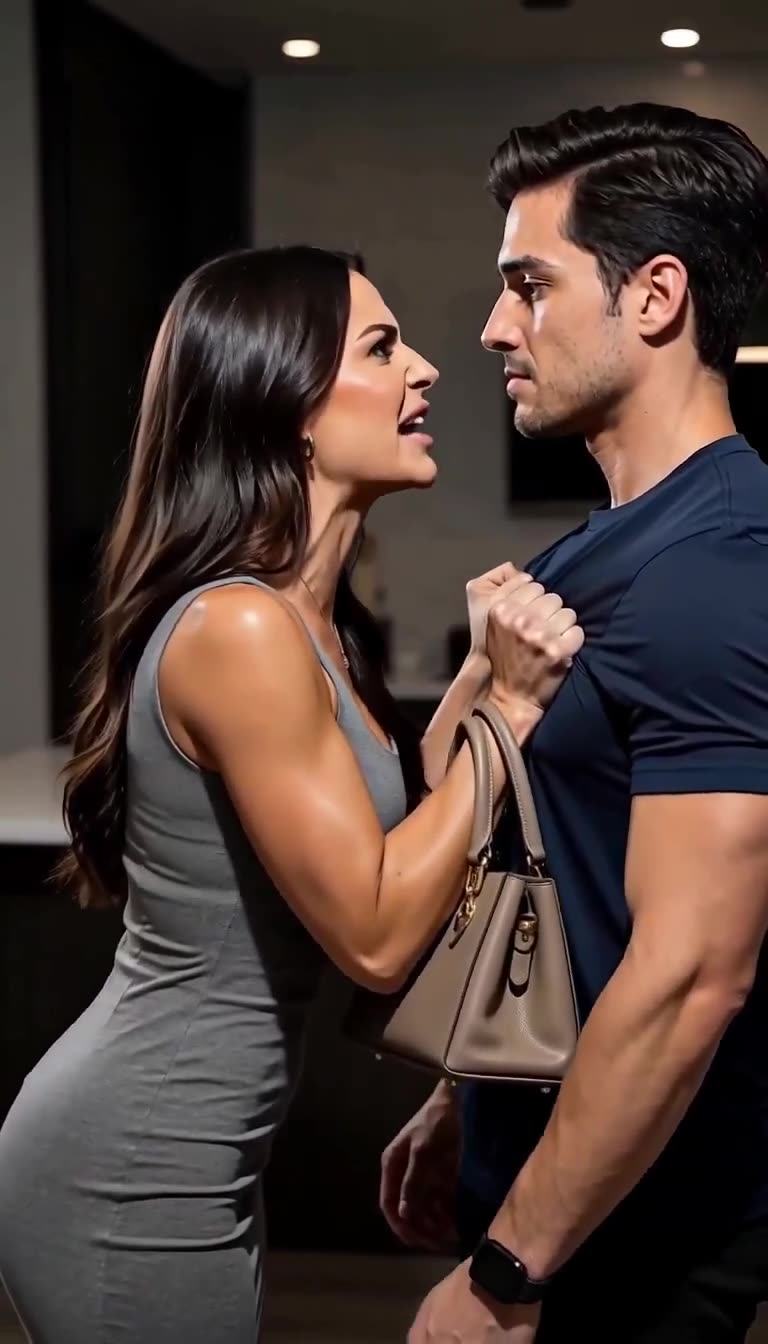 The woman aggressively grabs the front of a man's shirt during an intense argument.