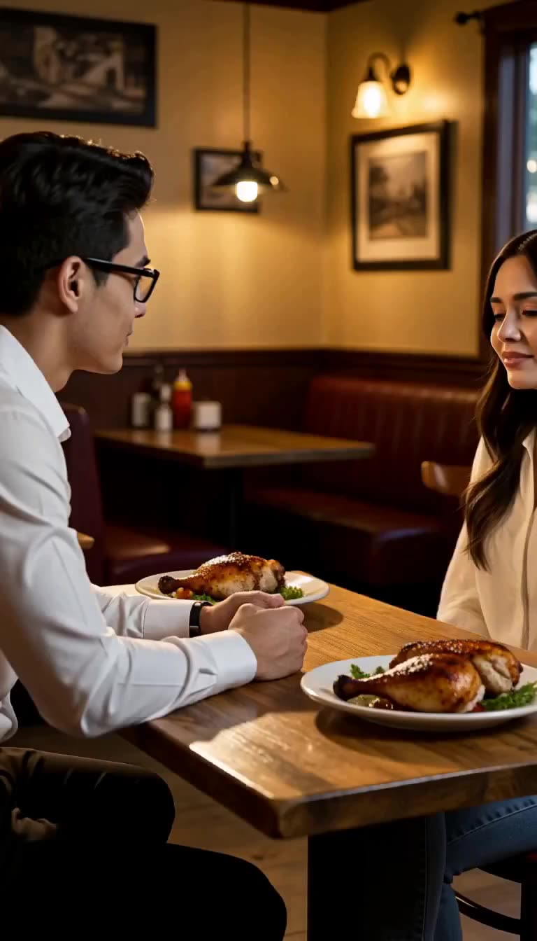 A young man and woman sitting at a restaurant booth with roasted chicken dinners served on the table