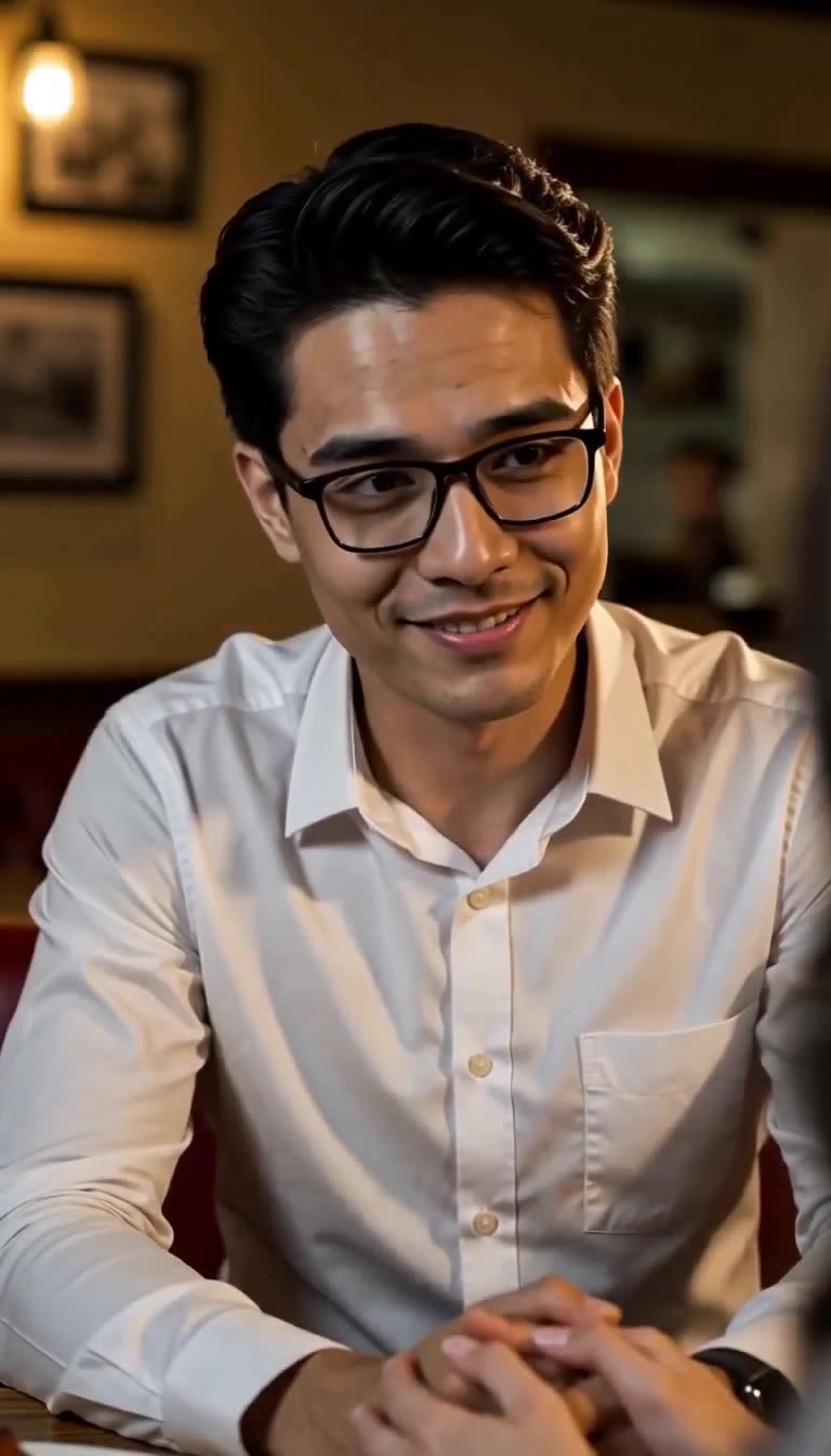 Close-up of the young man in eyeglasses smiling warmly across the table with hands clasped