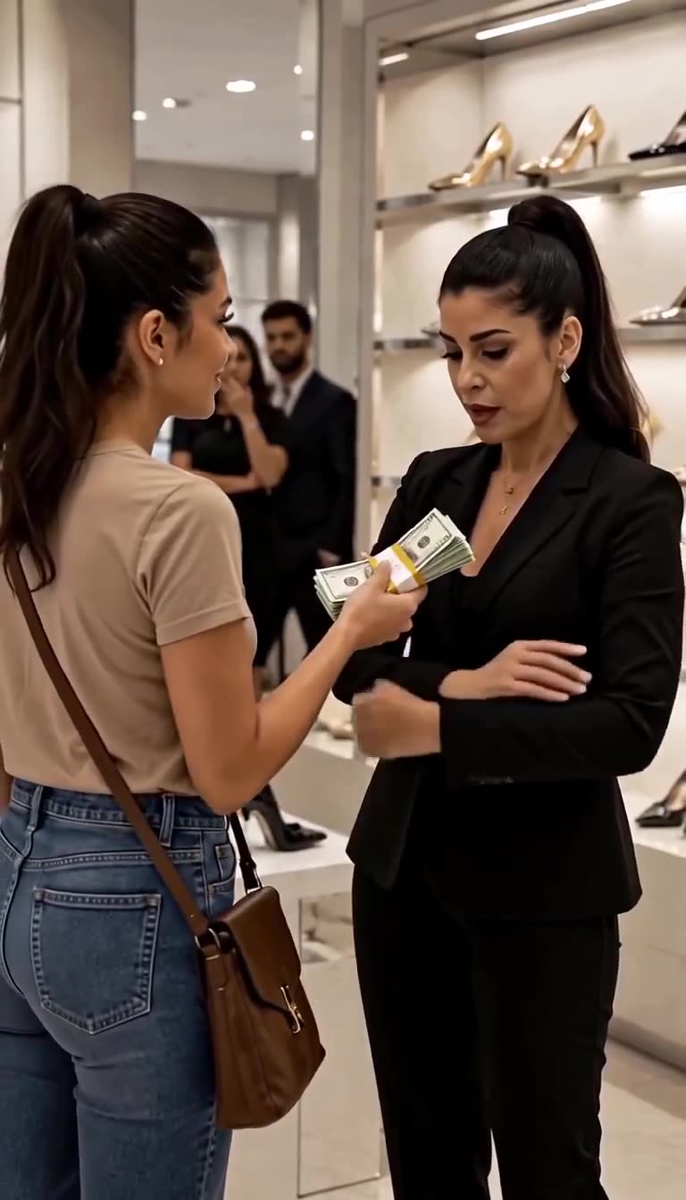 A woman in a plain t-shirt and jeans hands a thick stack of hundred-dollar bills to a stunned store manager.
