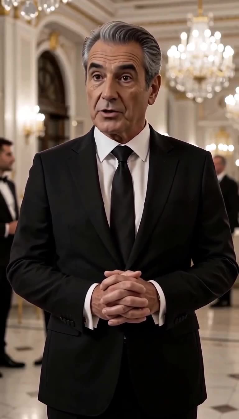 A distinguished older man in a black suit speaks with hands clasped in a ballroom