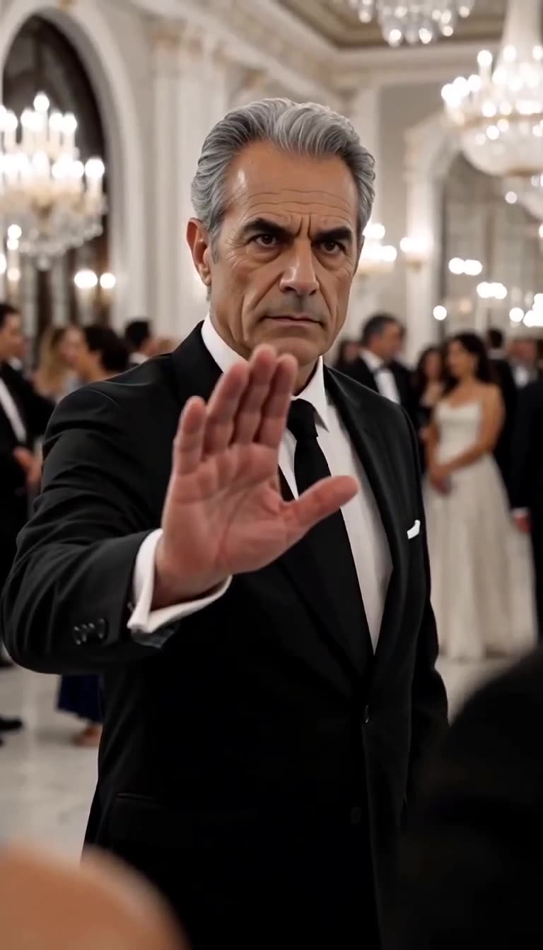 The older man raises his hand in a stern gesture to command silence