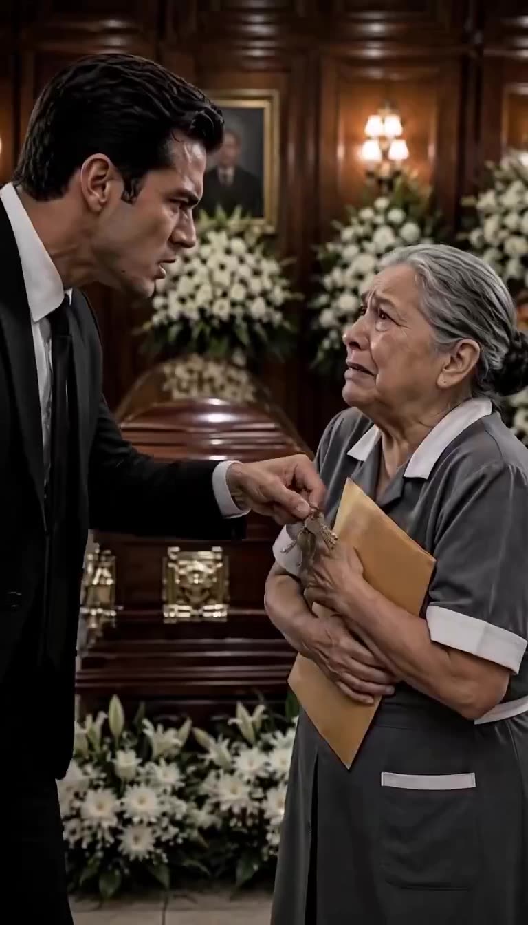 The aggressive son forcibly yanks a set of keys from the trembling hands of his late father's maid.