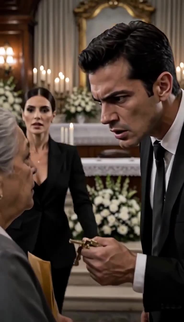 The heir aggressively brandishes the stolen keys as an onlooker watches the confrontation in shock.