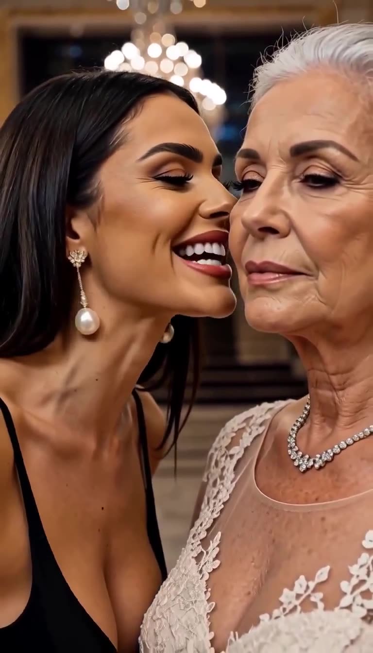 The younger woman smugly leans in to whisper a secret directly into the mother-in-law's ear.