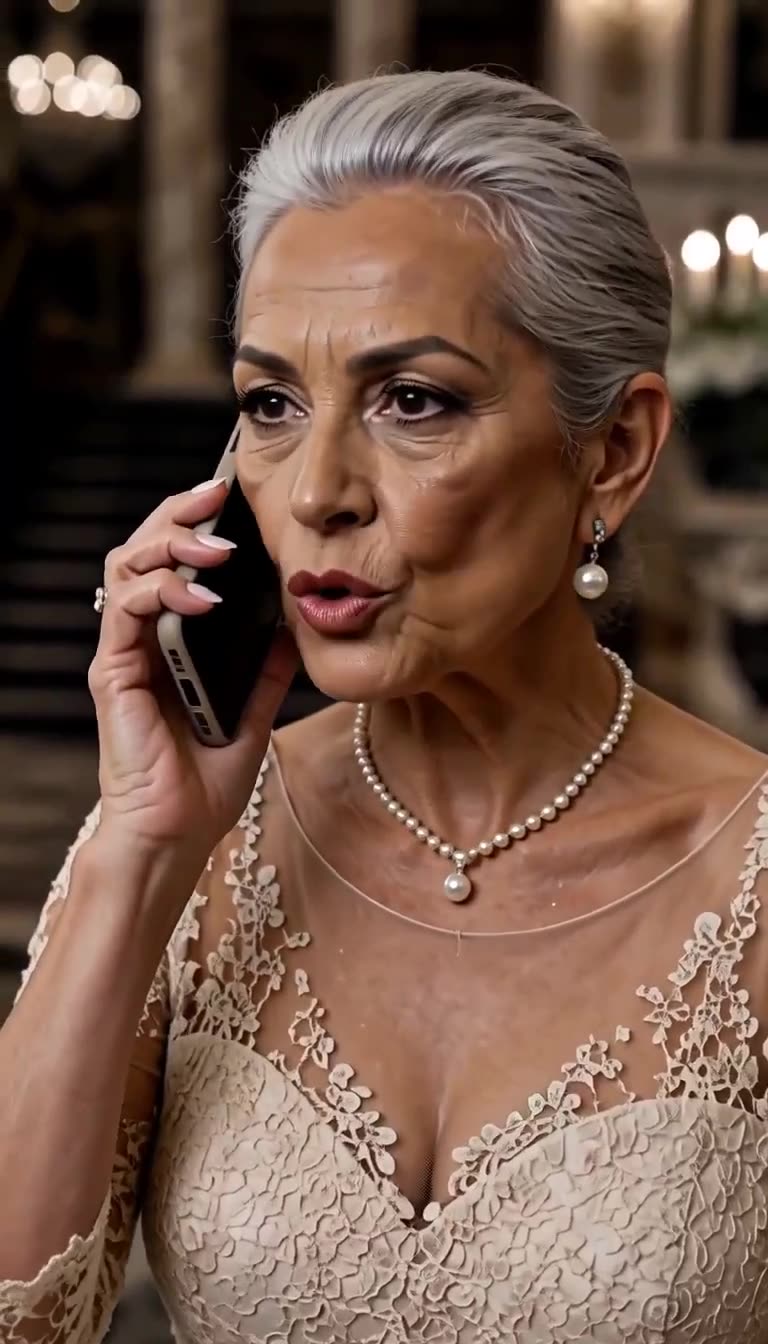 The elegant silver-haired matriarch calmly makes a decisive phone call amidst the confrontation.