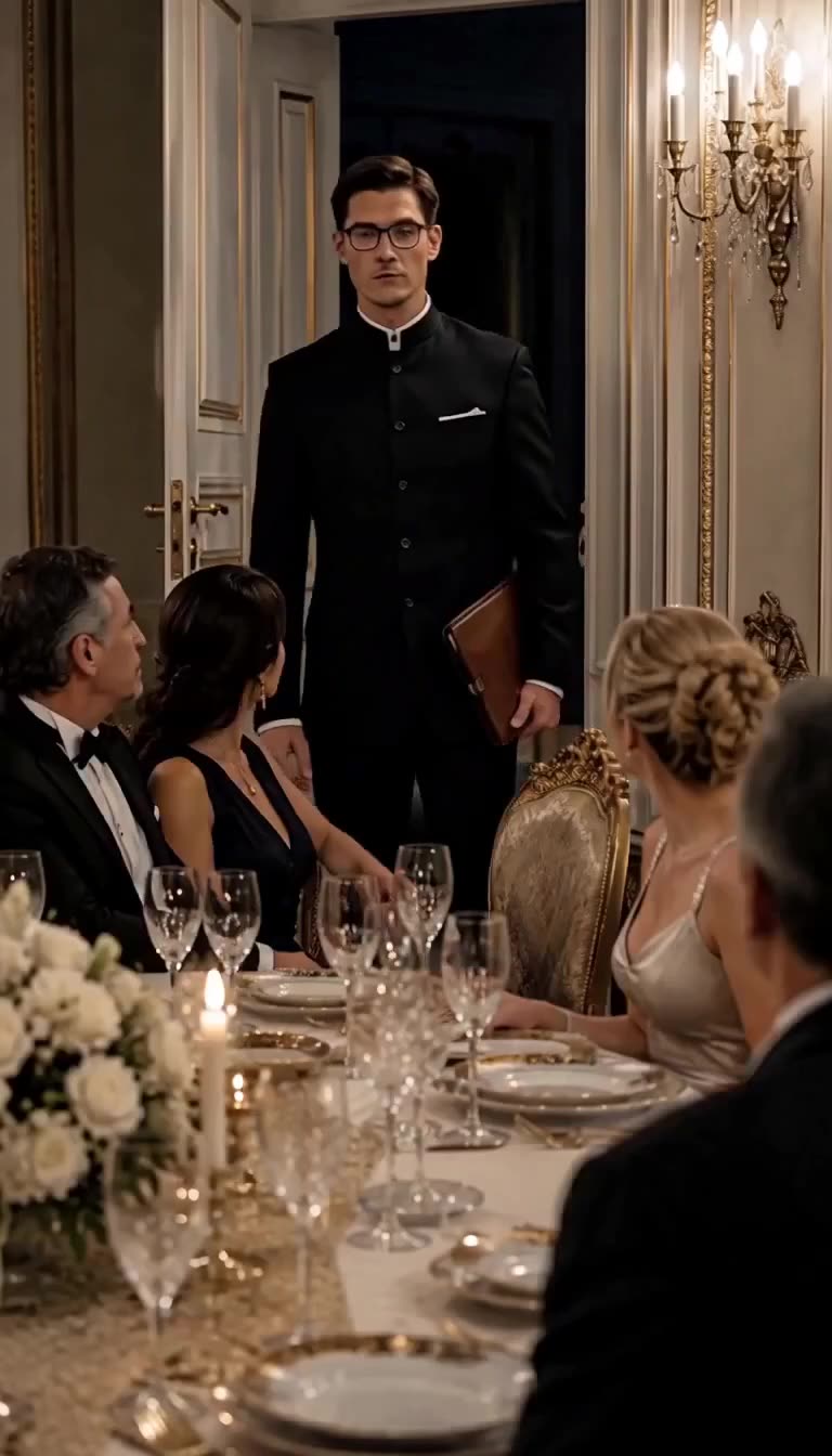 An elegant man in a high-collared black suit holding a leather folder stands before high-society banquet guests