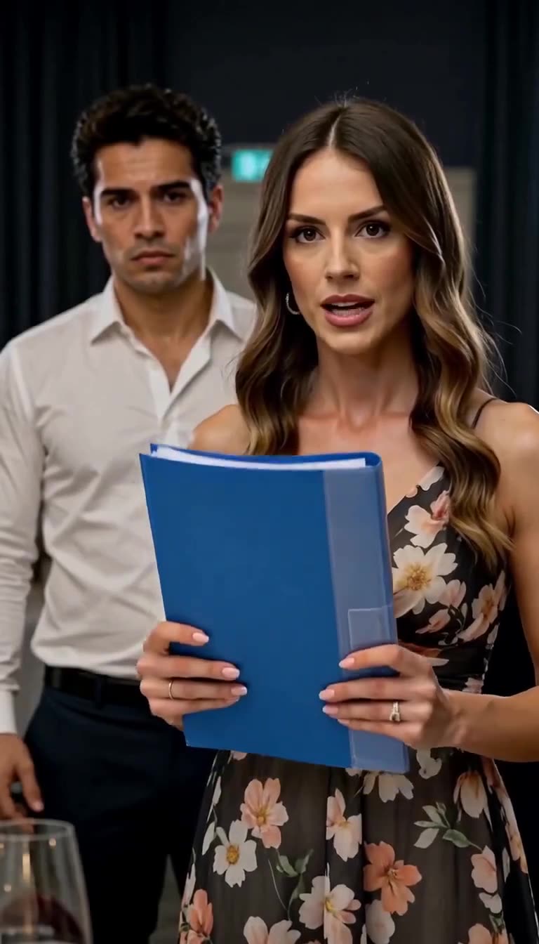 A chic woman holds a blue legal dossier while the stunned husband watches in panic.