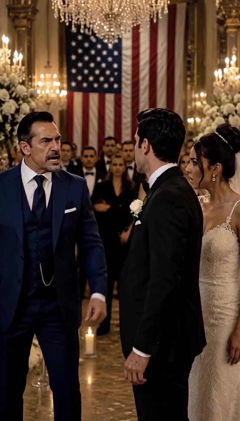 A powerful man in a navy suit furiously confronts the groom during the ceremony.