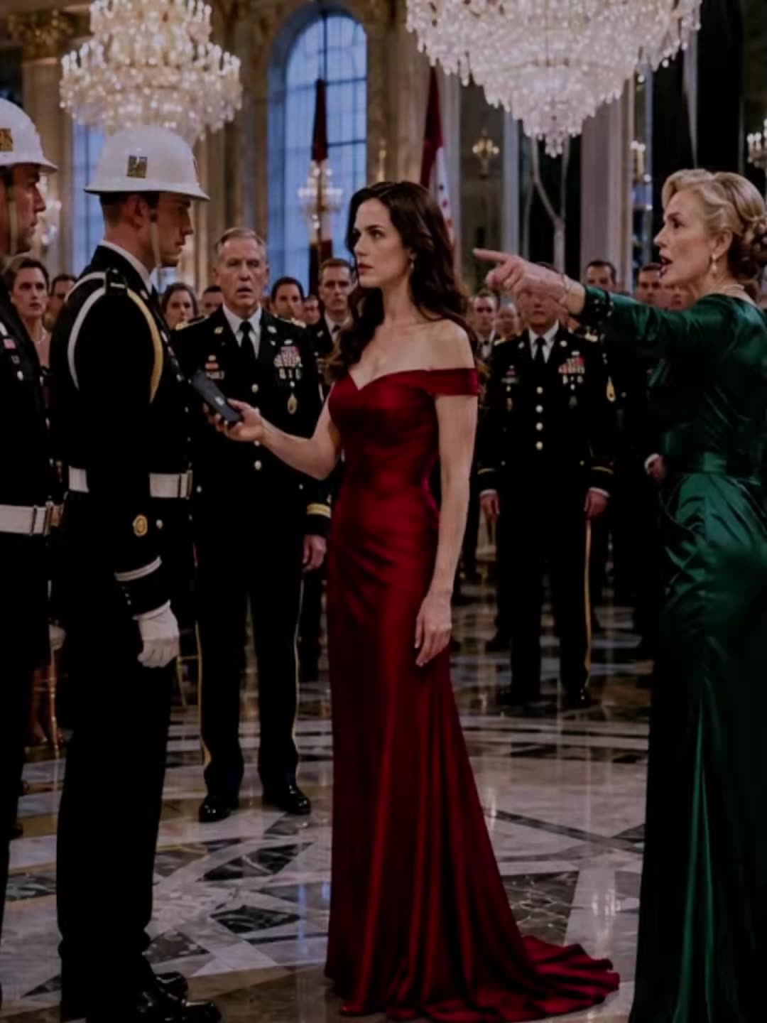 Woman in red shows ID to military police as older woman points
