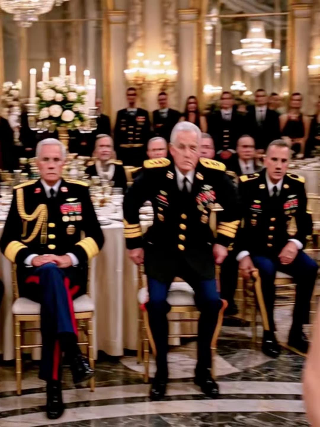 Senior generals rising stunned from their seats in ballroom