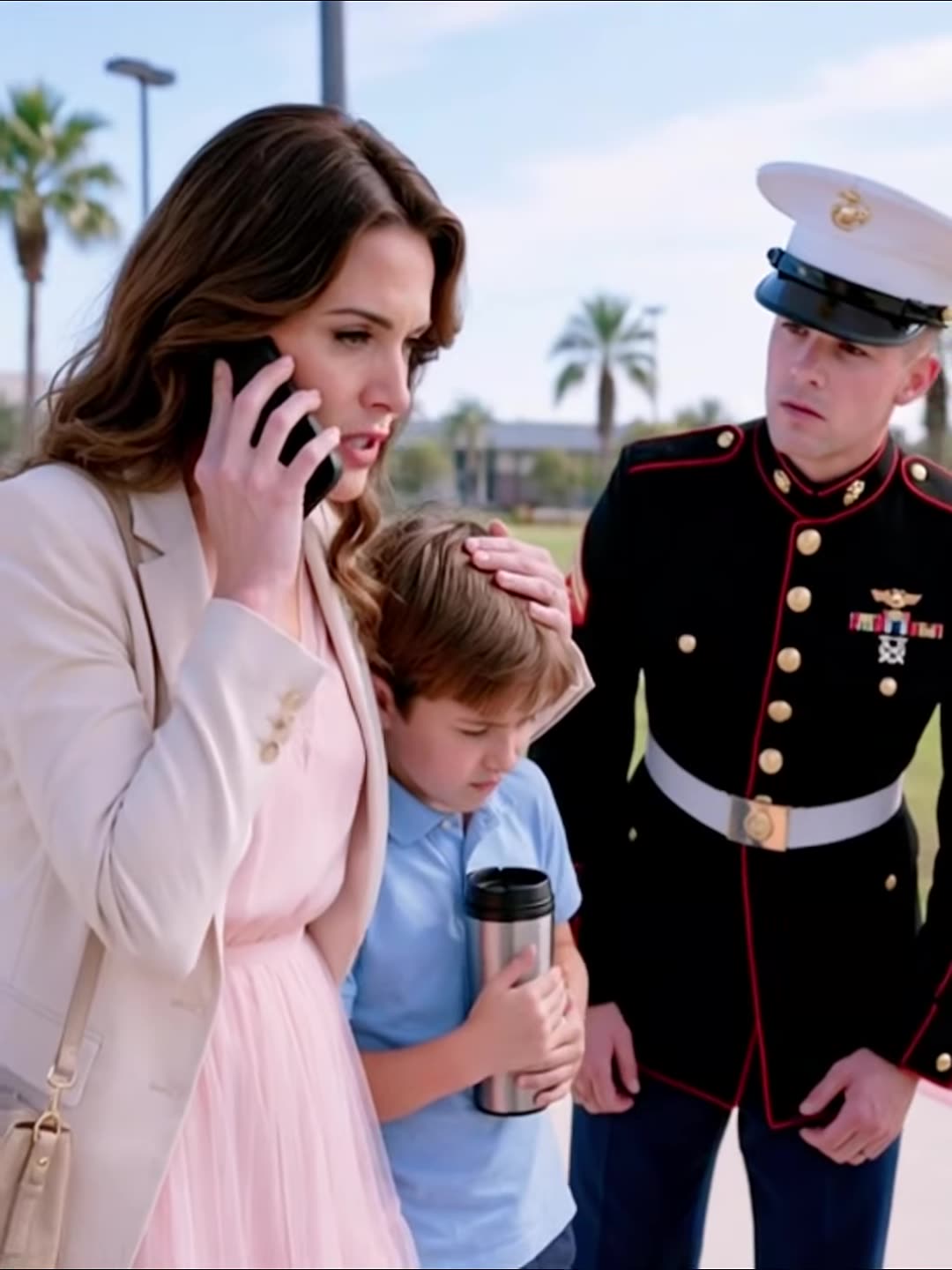 Mother making decisive phone call while stunned guard watches