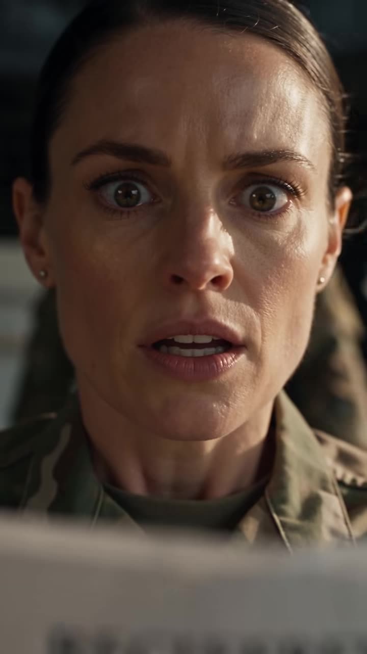 Shocked female soldier staring at explosive file
