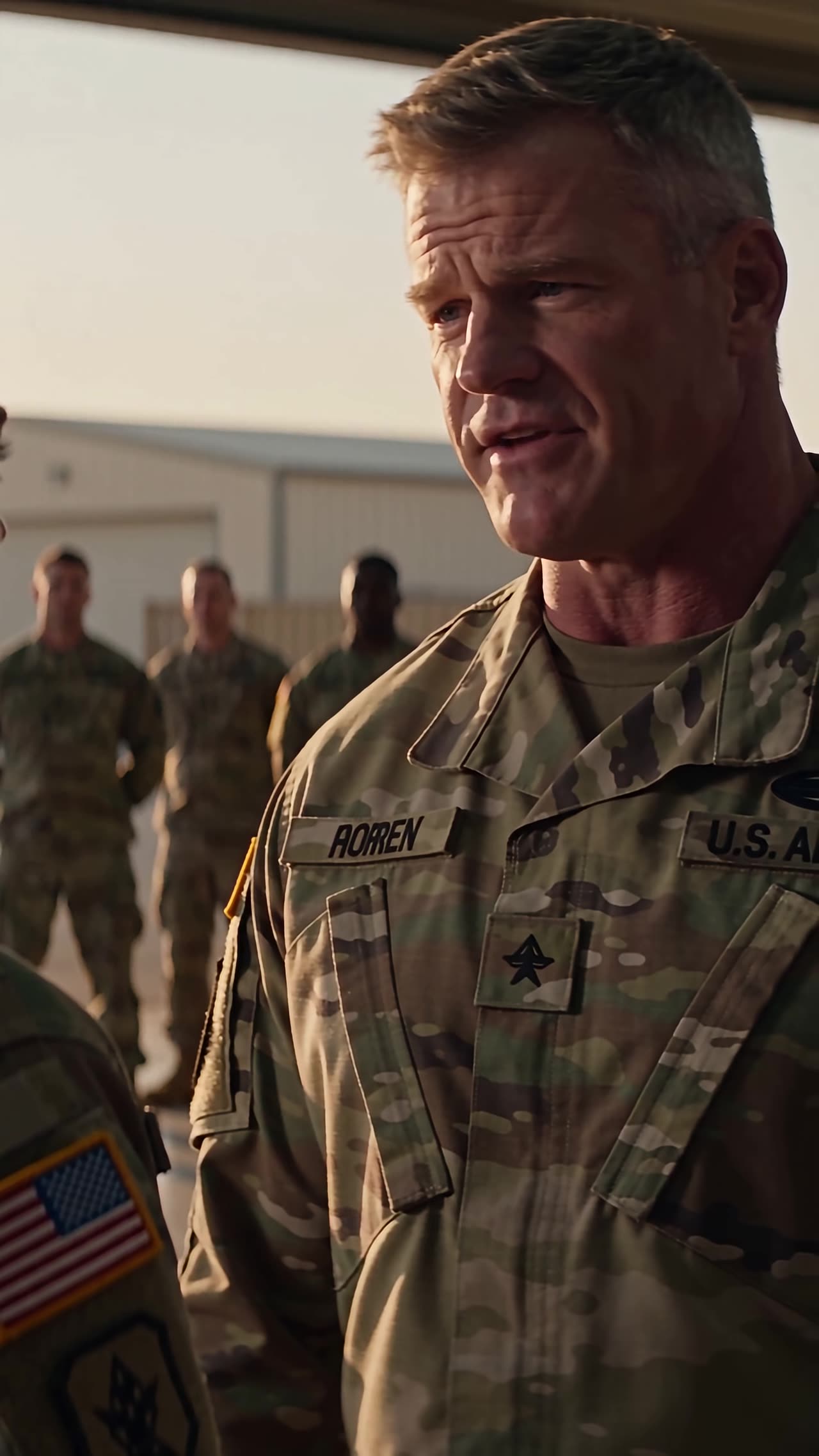 Close-up of stern Sergeant Roren with soldiers watching behind