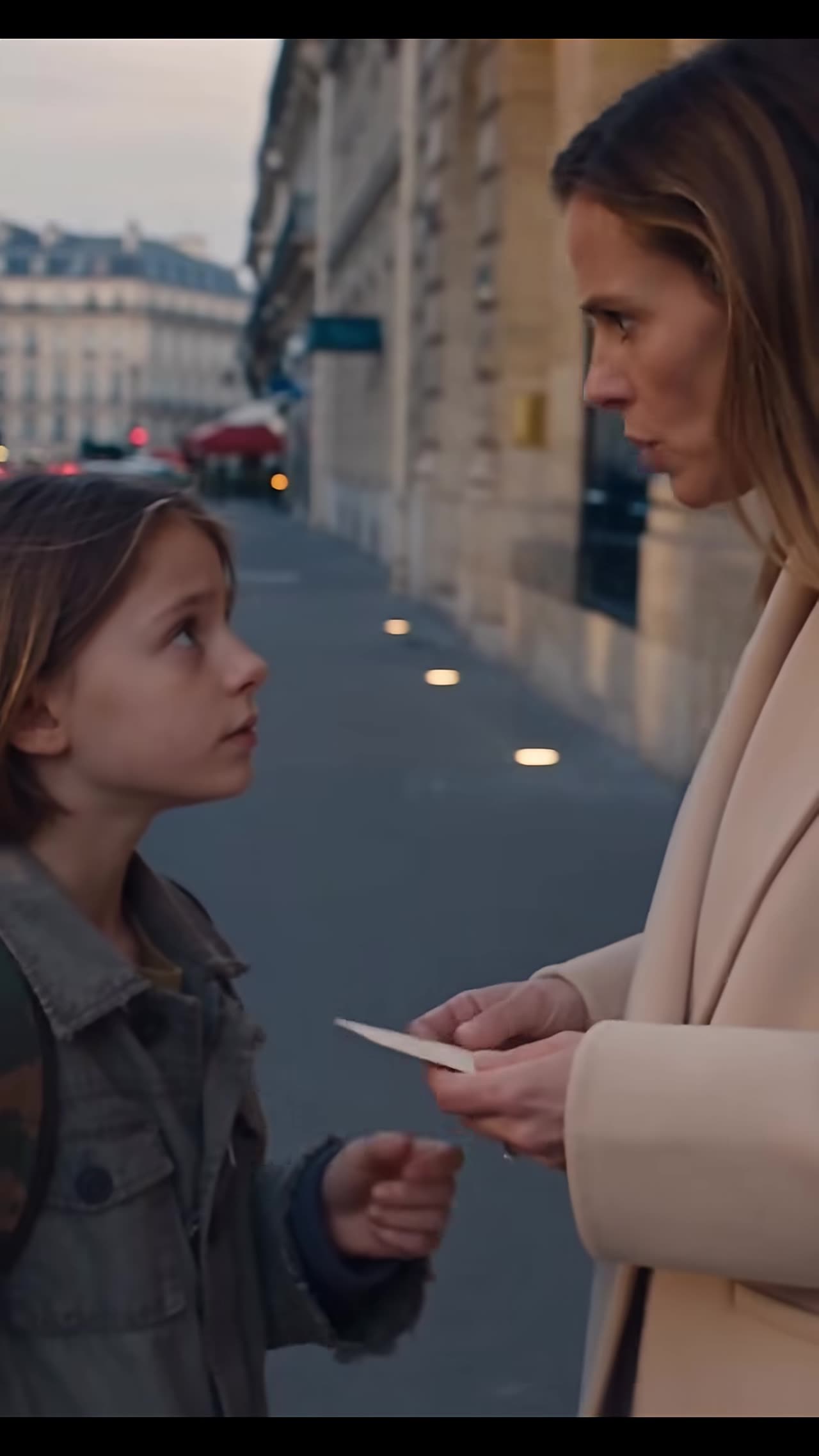 Victoria takes the girl's note on empty sidewalk
