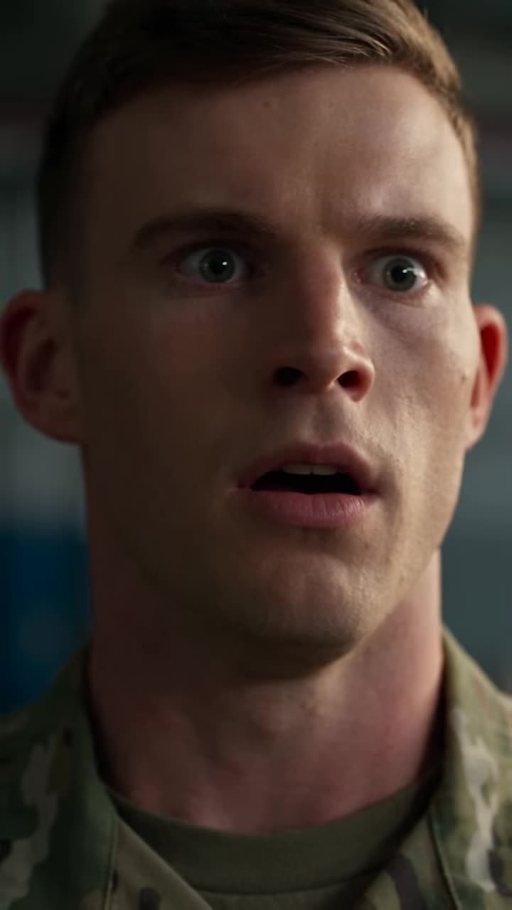 Shocked male soldier with wide eyes frozen in fear