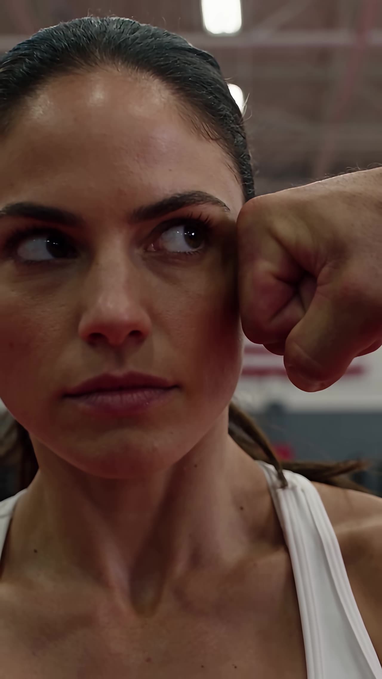 Close-up of massive fist frozen inches from her unblinking eyes
