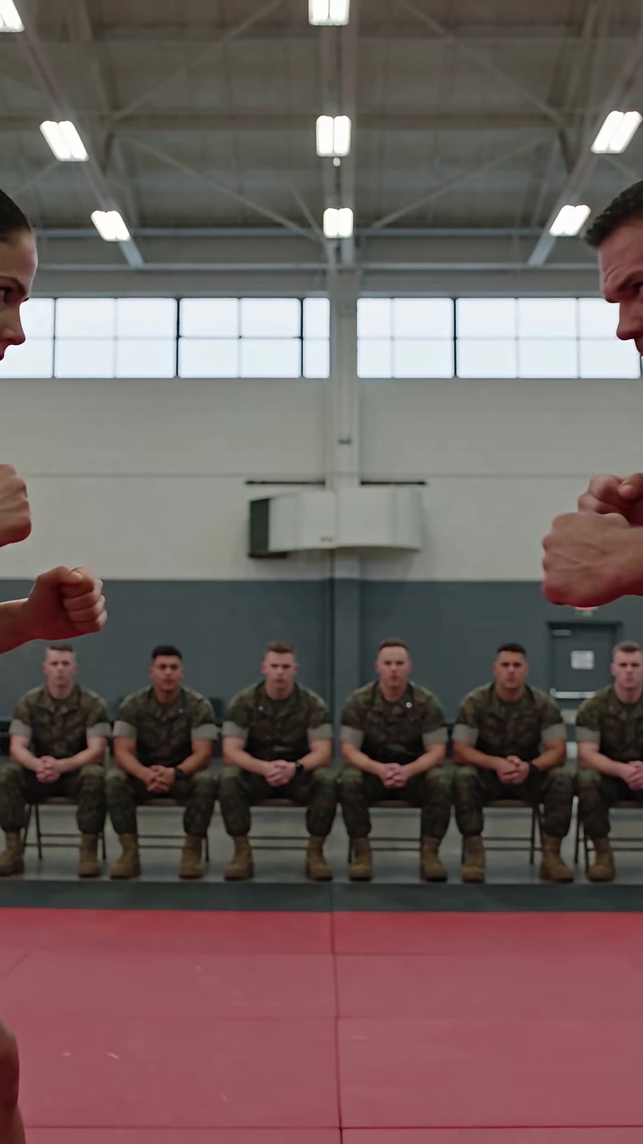Woman and Marine instructor facing off before seated soldiers