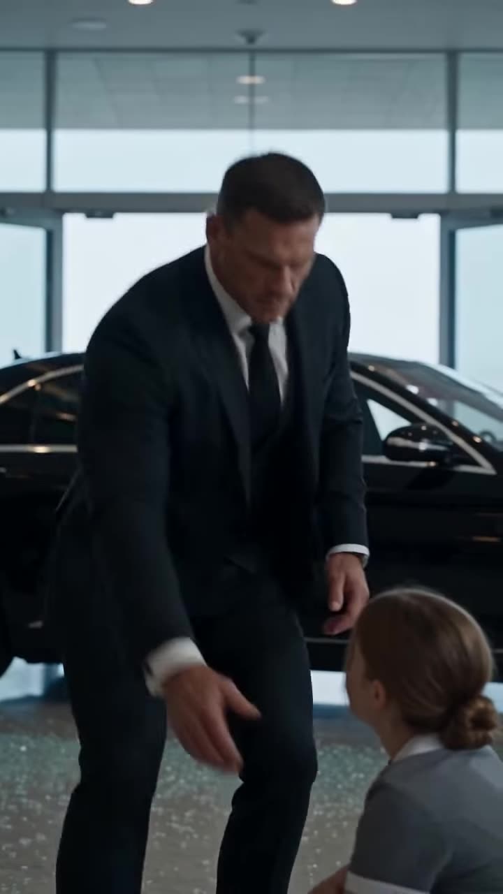 Suited bodyguard bowing to fallen waitress before black supercar