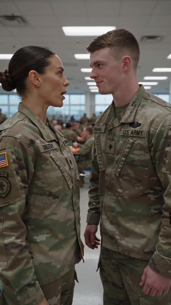 Female and male soldiers in tense face to face confrontation