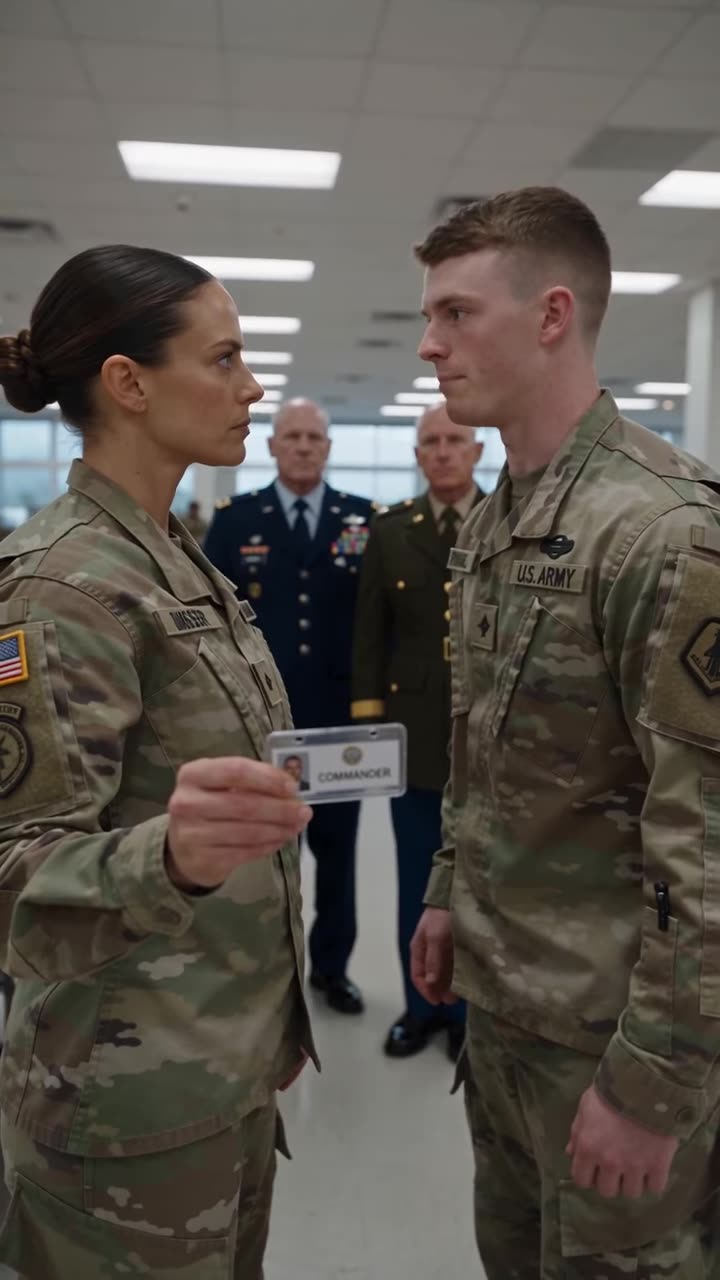Female soldier showing COMMANDER ID card as senior officers watch
