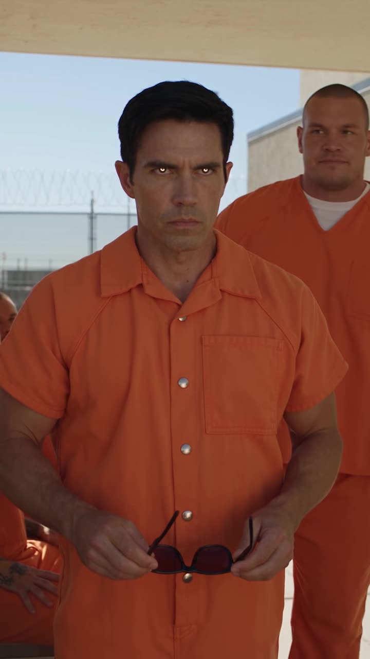 Quiet inmate revealing glowing eyes as bully freezes