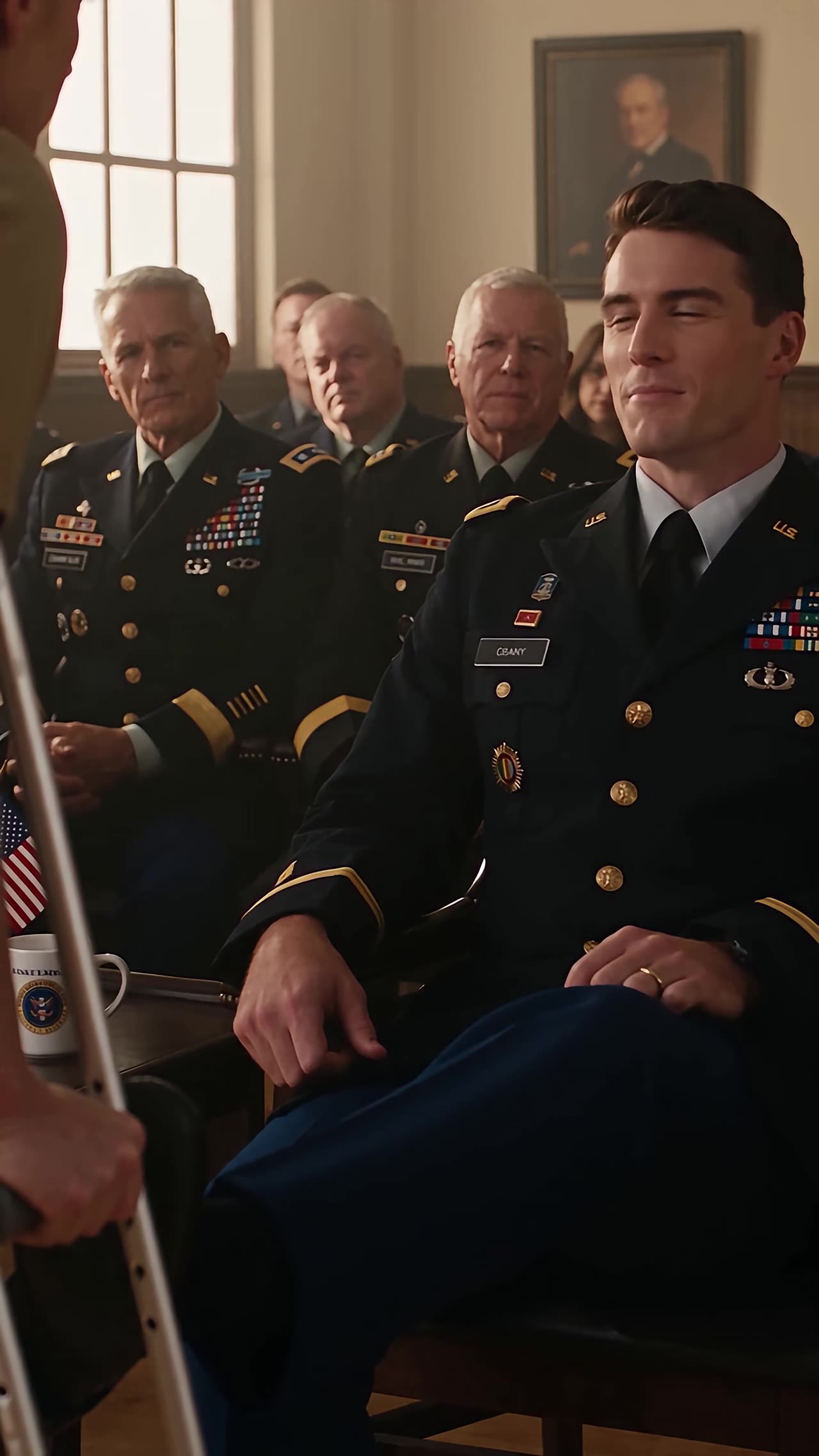 Major Grant smirking with legs crossed as senior officers watch