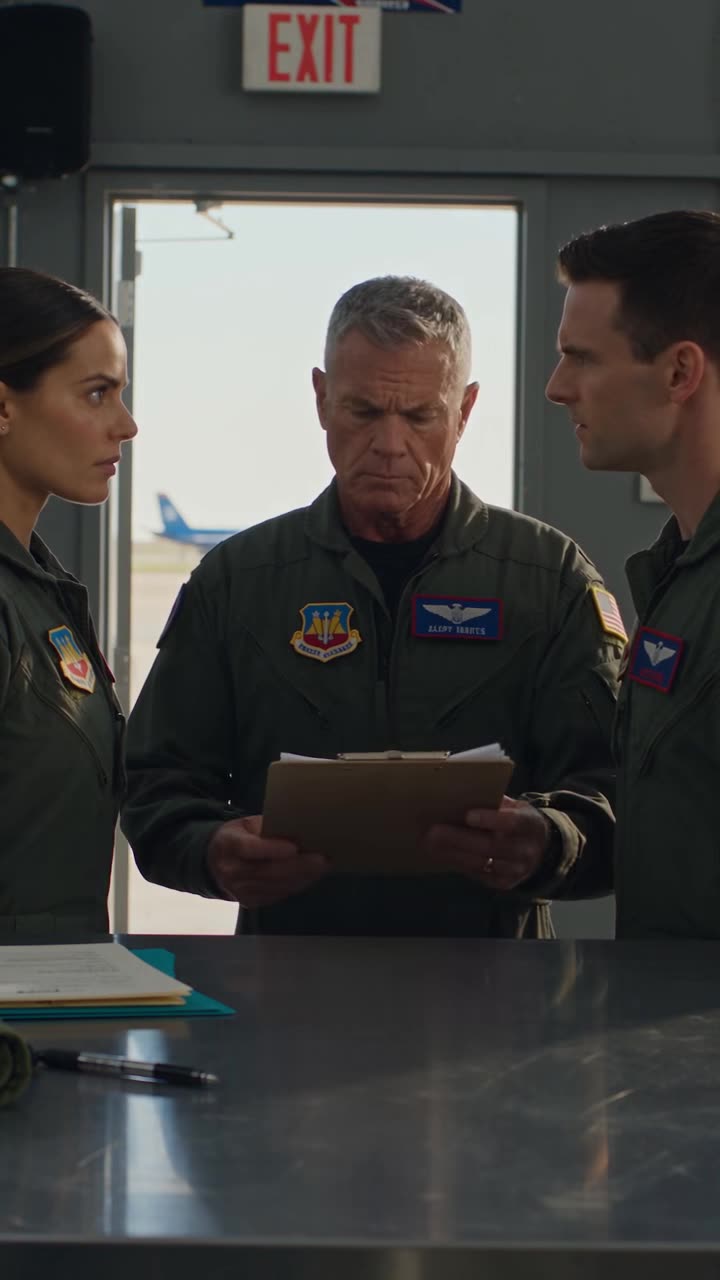 Colonel Grant studies classified report between stunned pilots