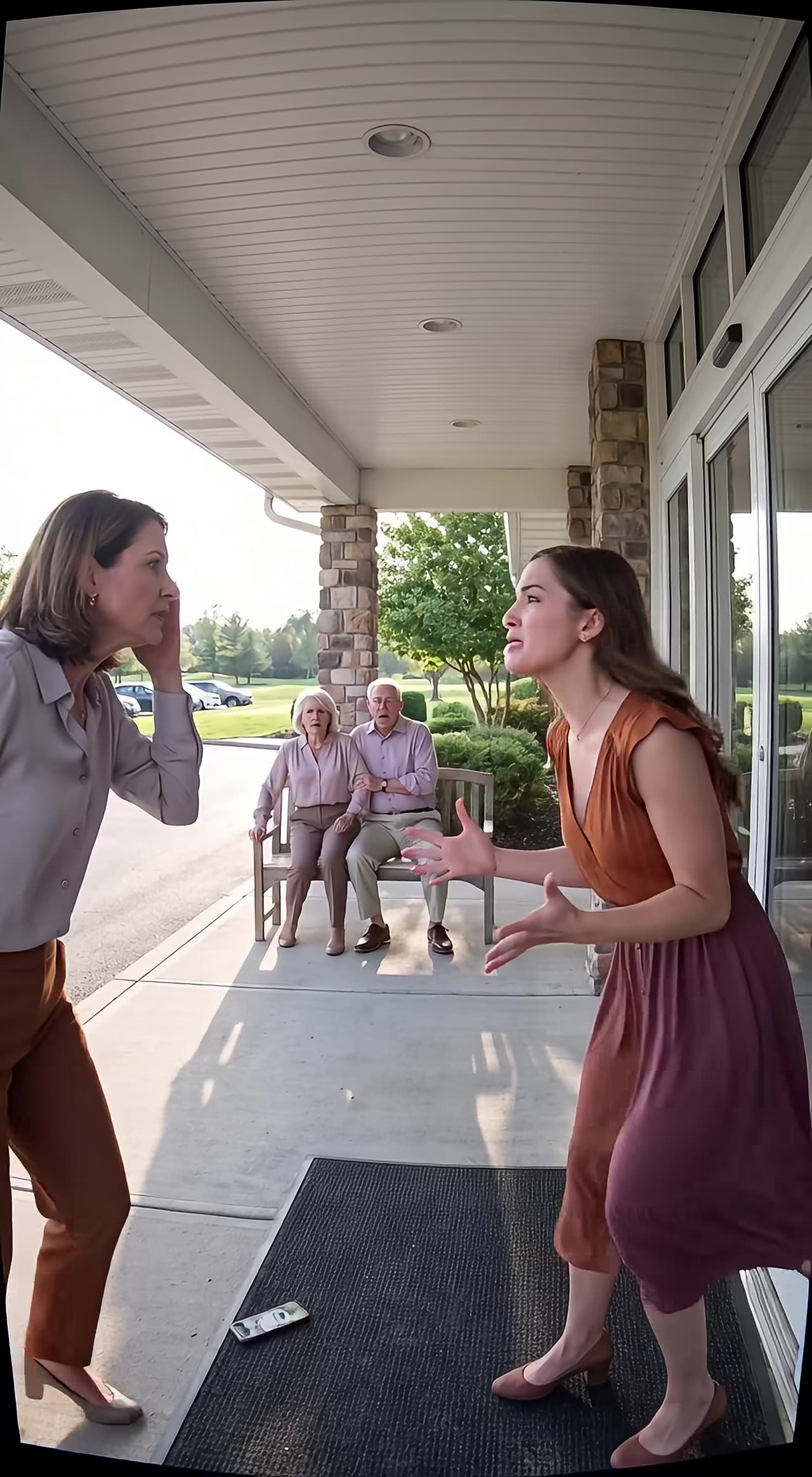 Younger sister gestures wildly as phone lies on ground