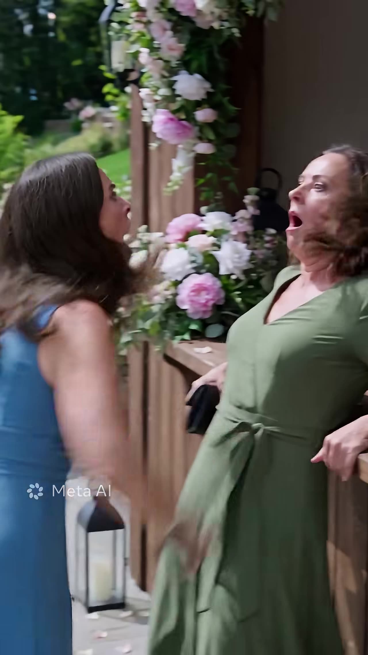 Heated slap moment between mother and daughter by flowers
