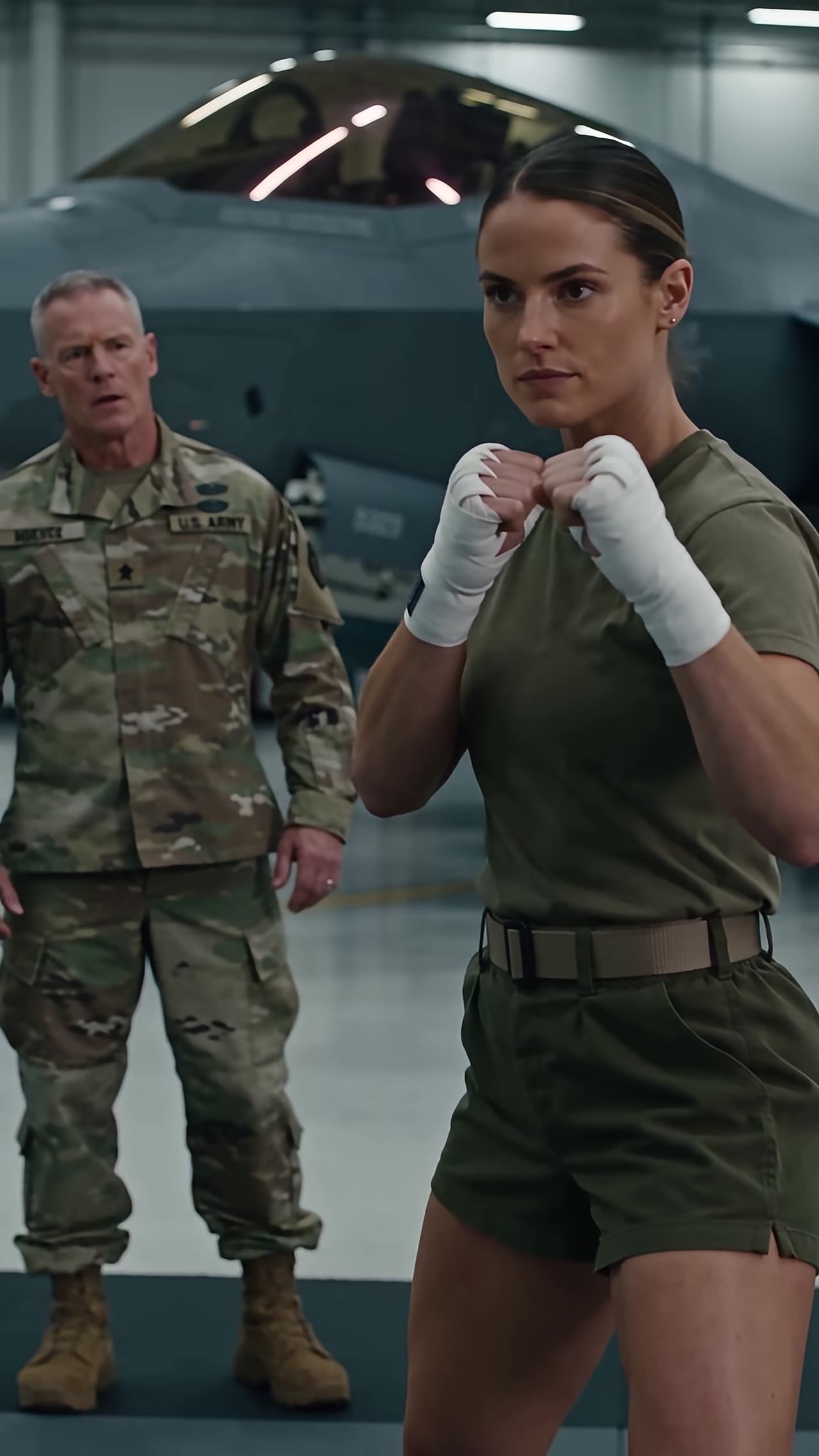 Female fighter in stance as general watches behind jet