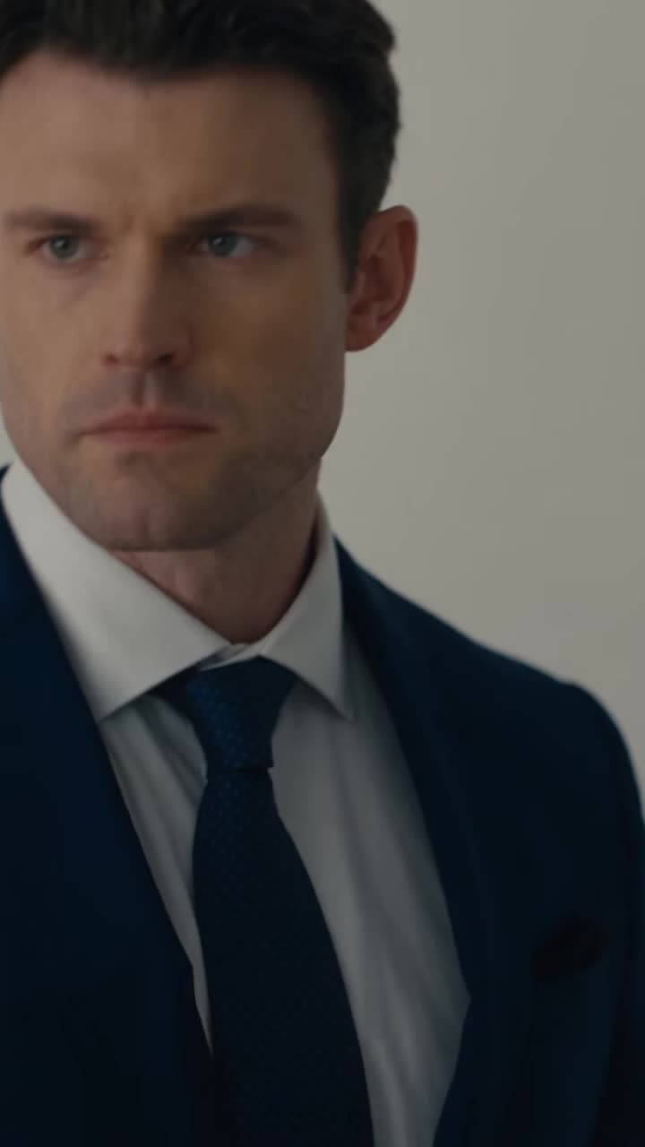 Stern man in navy suit staring with intense cold fury