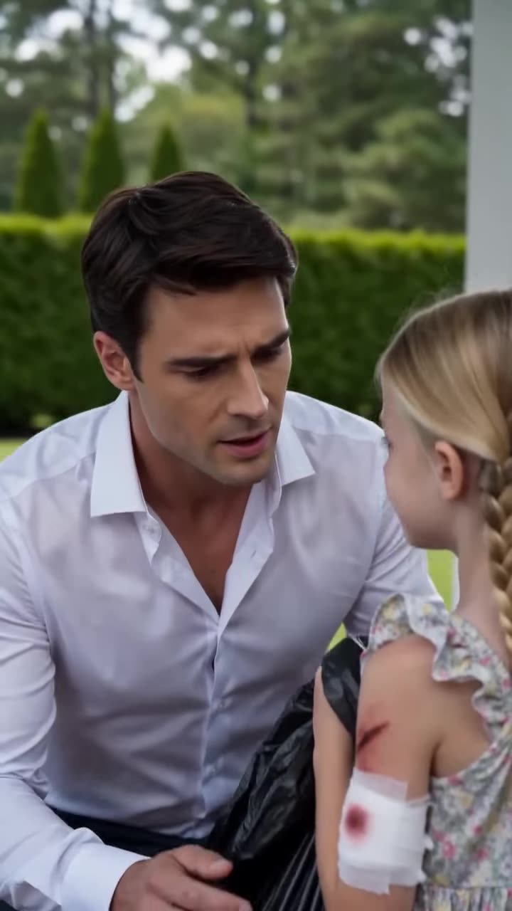Concerned father in white shirt kneels to question daughter