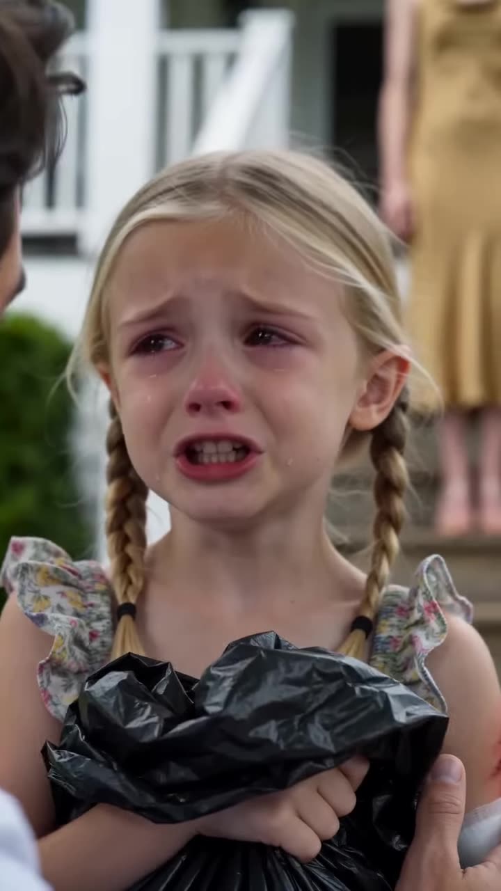 Close-up of sobbing girl with silent woman blurred on porch